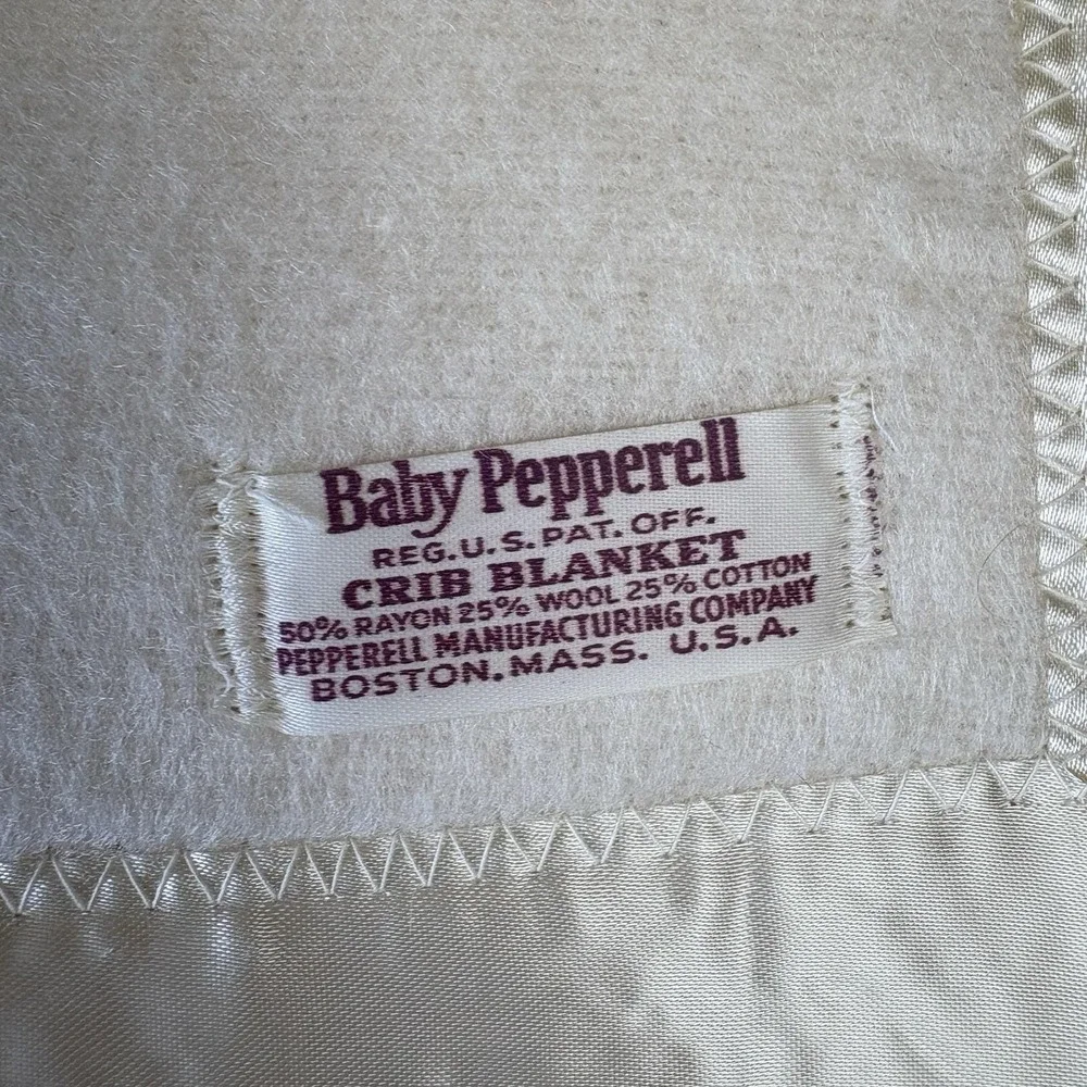 Vintage Blanket Baby Pepperelle White Wool Rayon Cotton  Satin Binding 1950s